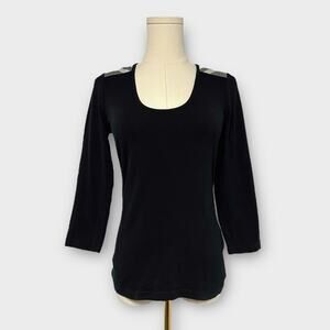 Burberry Black 3/4 Quarter Sleeve Top with Plaid Shoulder Accent Size Small